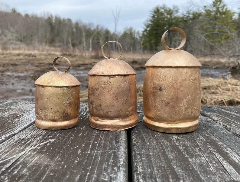 Set of 3 Rustic Gold Bells in Gradual Sizes of approximately 4", 5" & 5 1/2-6"- With Wooden Ringers  | Etsy (US)