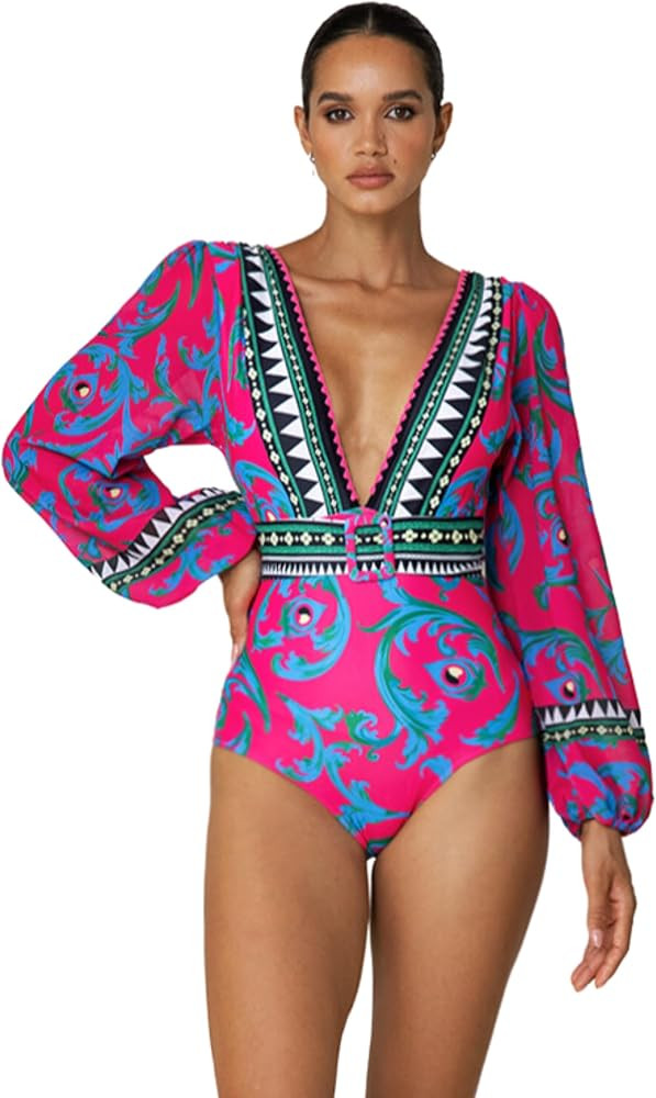 FLAXMAKER Women One Piece Long Sleeve Peacock Totem Print Deep V Neck Belt Two Piece Set Bathing ... | Amazon (US)