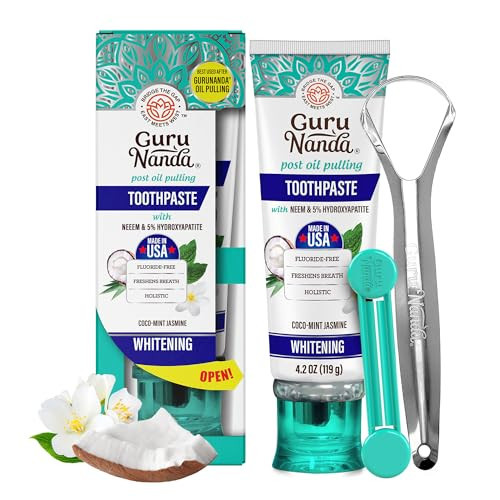 GuruNanda Hydroxyapatite Toothpaste, SLS & Fluoride Free, Whitening Toothpaste with Tongue Scraper & Squeezer - Freshens Breath, Fights Plaque - Natural CocoMint Jasmine Neem, 4.2oz | Amazon (US)