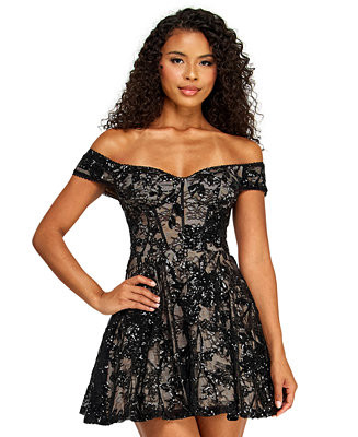 Juniors' Off-The-Shoulder Lace Sequin Corseted Dress | Macy's