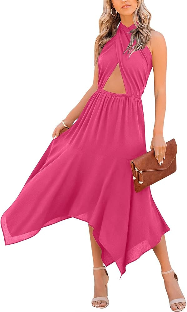 ANRABESS Women's Summer Halter Neck Cut Out Crossover Asymmetric Date Night Cocktail Midi Dress | Amazon (US)