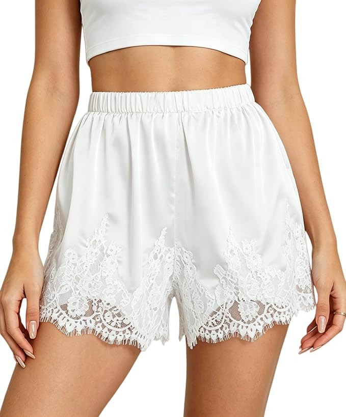 Seyumixi Women Satin Lace Shorts Silk Slip Mini Shorts Low Rise Coquette Elastic Waist Lace Trim ... | Amazon (US)