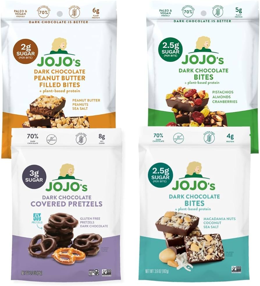 JOJO's Dark Chocolate Variety Pack, Healthy Snack, Low Sugar, Low Carb, Gluten Free, Non GMO, Pal... | Amazon (US)