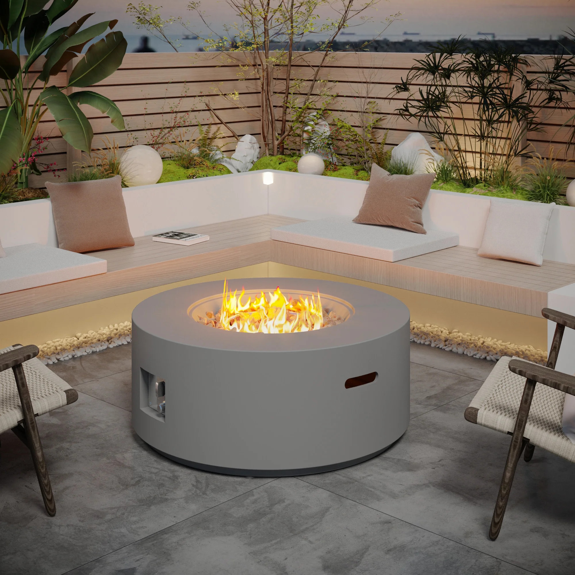 HongTaoK 32.5 inch Round Propane Fire Pit for Outside White 50K BTU Outdoor with Lava Rocks, All ... | Walmart (US)