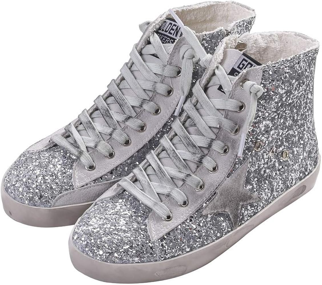 Adult Women's Flat High Top Glitter Fashion Sneakers Lace up Casual Fashion Star Shoes | Amazon (US)