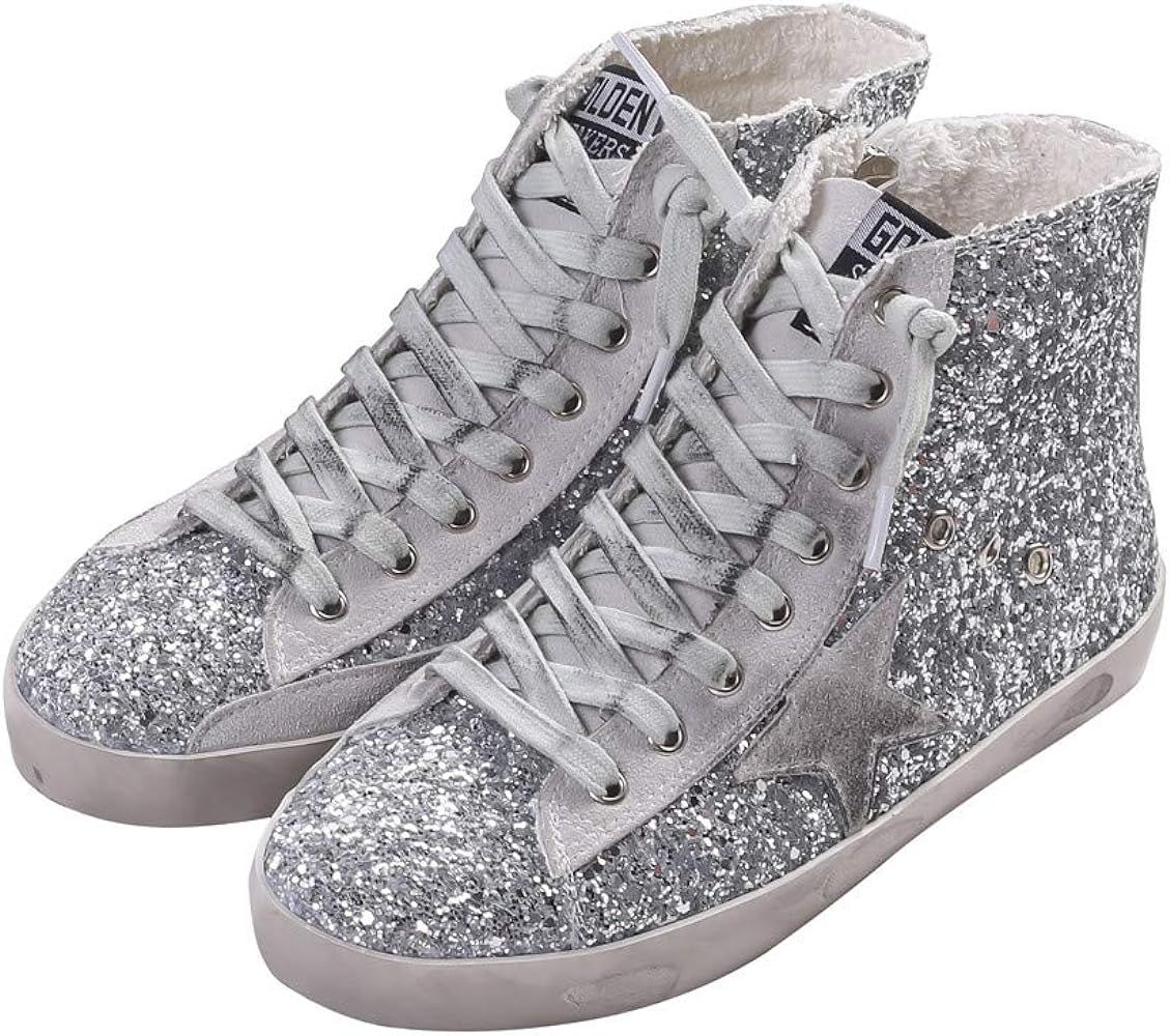 Adult Women's Flat High Top Glitter Fashion Sneakers Lace up Casual Fashion Star Shoes | Amazon (US)