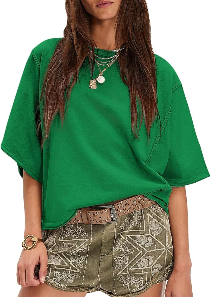 Womens Plain Oversized Cotton T Shirts Loose Fit Casual Short Sleeve Crewneck Summer Top Vintage ... | Amazon (US)