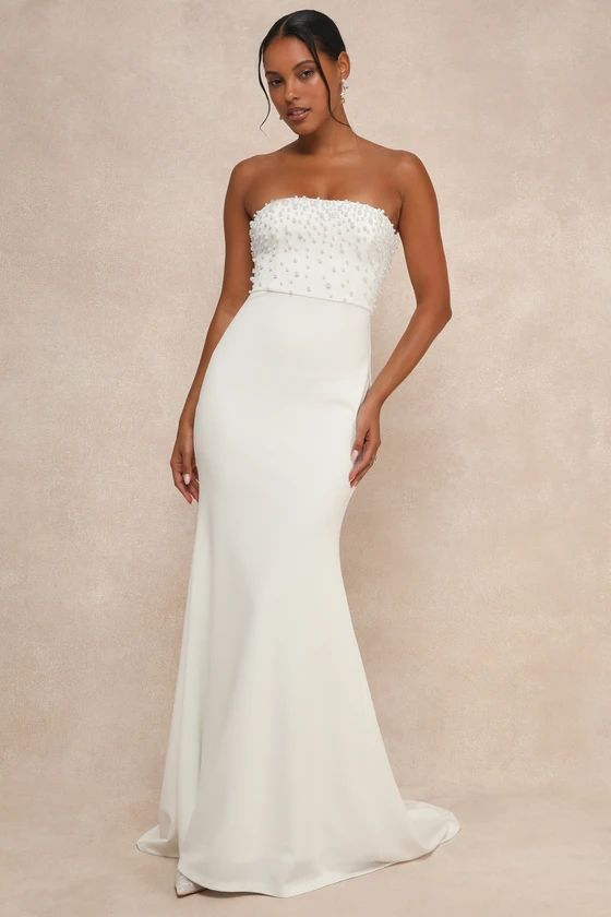 White Pearl Strapless Mermaid Maxi Dress | Summer Wedding Dress | Formal Wedding Dress | Lulus