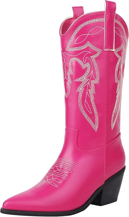 Reitoye Womens Cowboy Denim Boots Claf High Western Chunky Mid Heel Boot | Amazon (US)