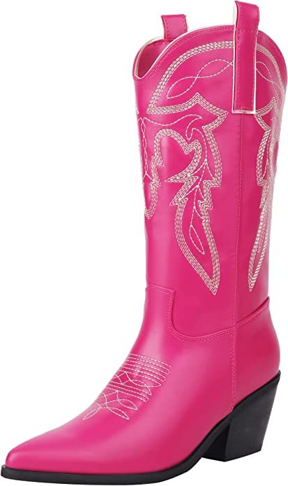 Reitoye Womens Cowboy Denim Boots Claf High Western Chunky Mid Heel Boot | Amazon (US)