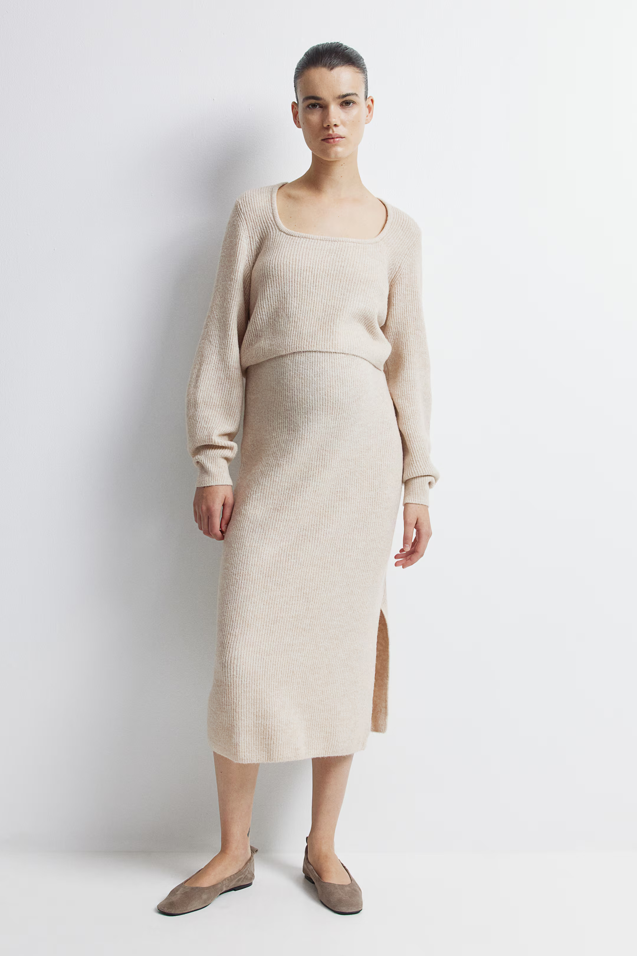 MAMA 2-piece Rib-Knit Set - Light beige - Ladies | H&M US | H&M (US + CA)