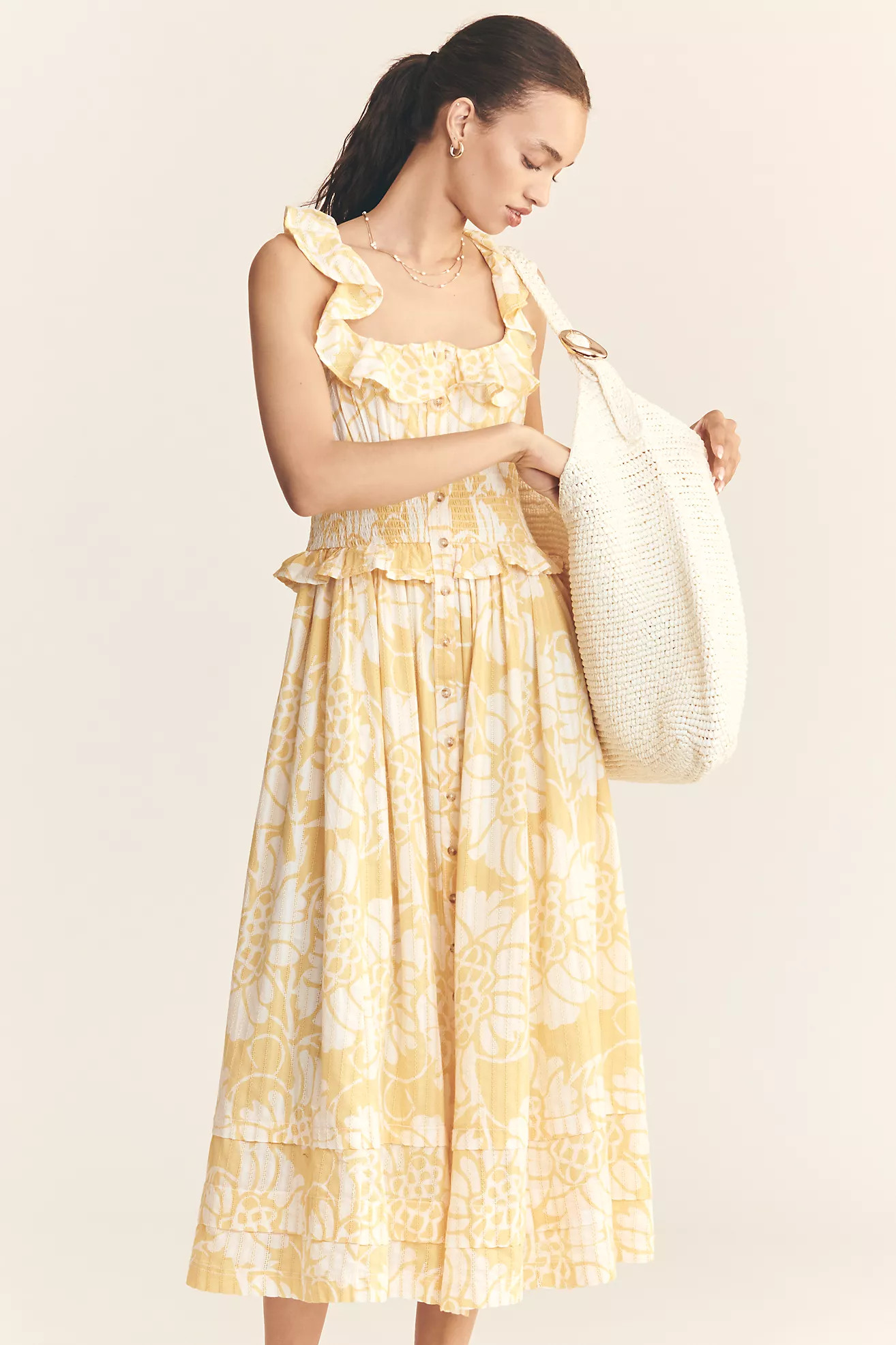 Pilcro Ruffled Smocked-Waist Button-Front Midi Dress | Anthropologie (US)