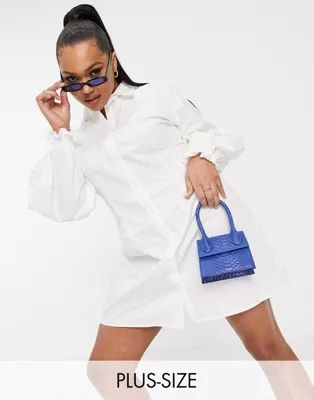 Missguided Plus poplin shirt dress with balloon sleeve in white | ASOS (Global)