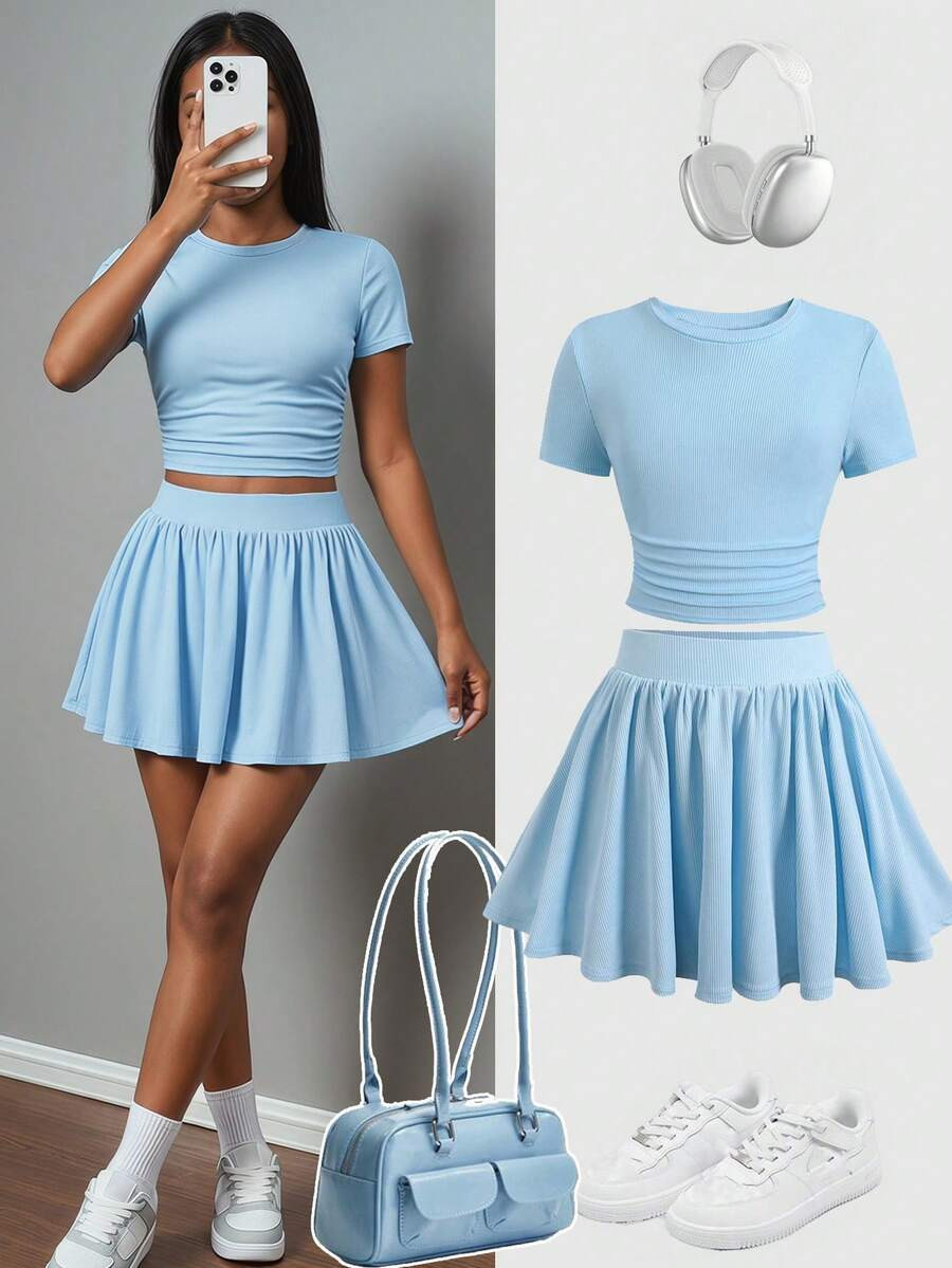 SHEIN Girlism Tween Girls Summer New Blue Solid Color Short Sleeve T-Shirt And Anti-Flashing Skir... | SHEIN