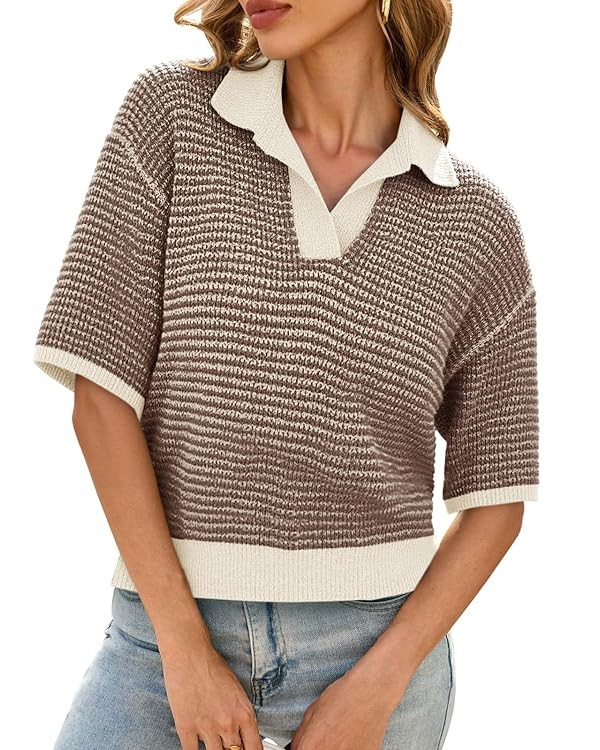 Cicy Bell Womens Striped Cropped Sweaters Tops Color Block Short Sleeve Knit V Neck Fall Casual P... | Amazon (US)