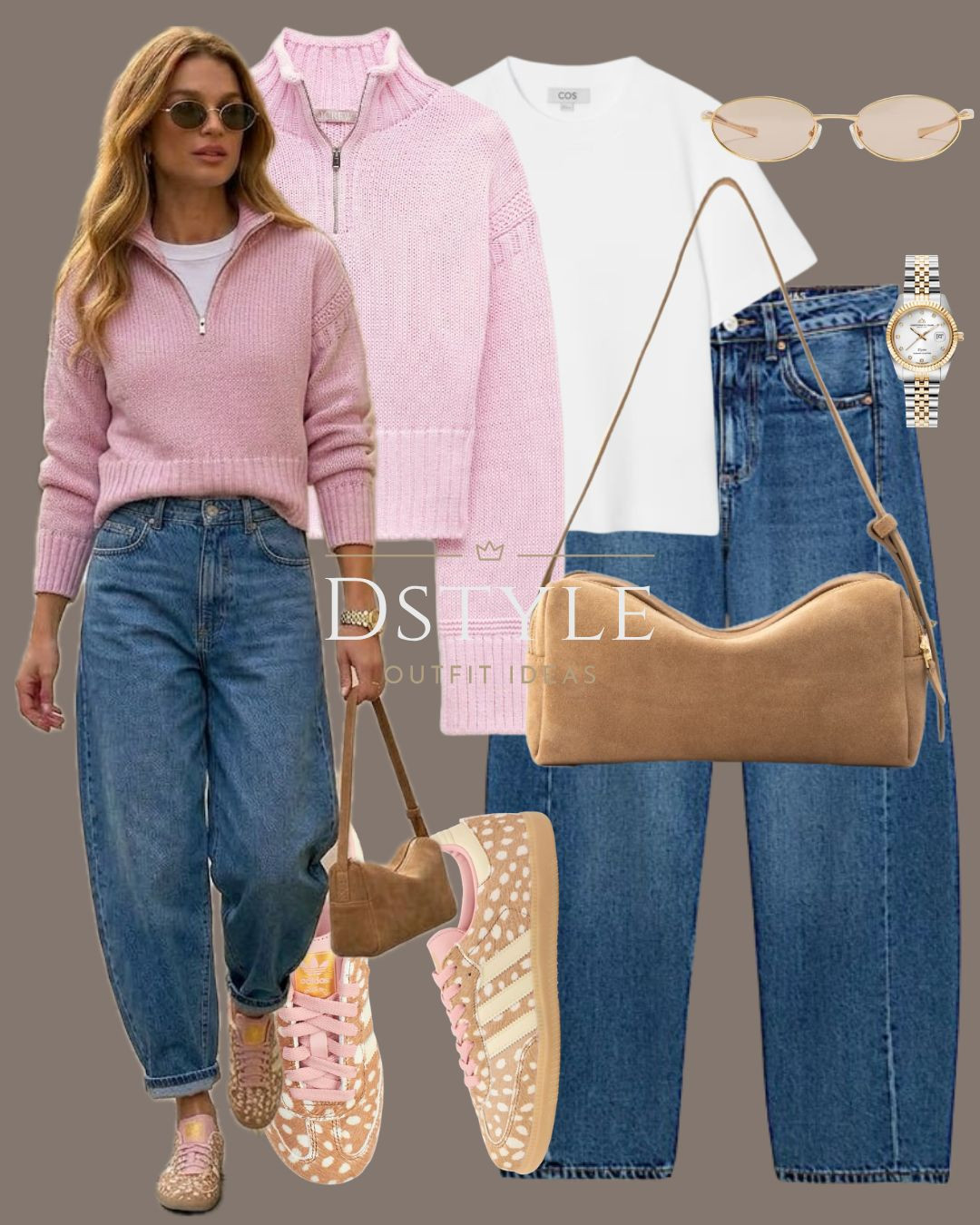 Playful casual weekend look featuring a pastel pink half-zip sweater over a white tee, paired with barrel-leg jeans, a beige shoulder bag, and leopard accent Adidas sneakers. 

 #LTKootd