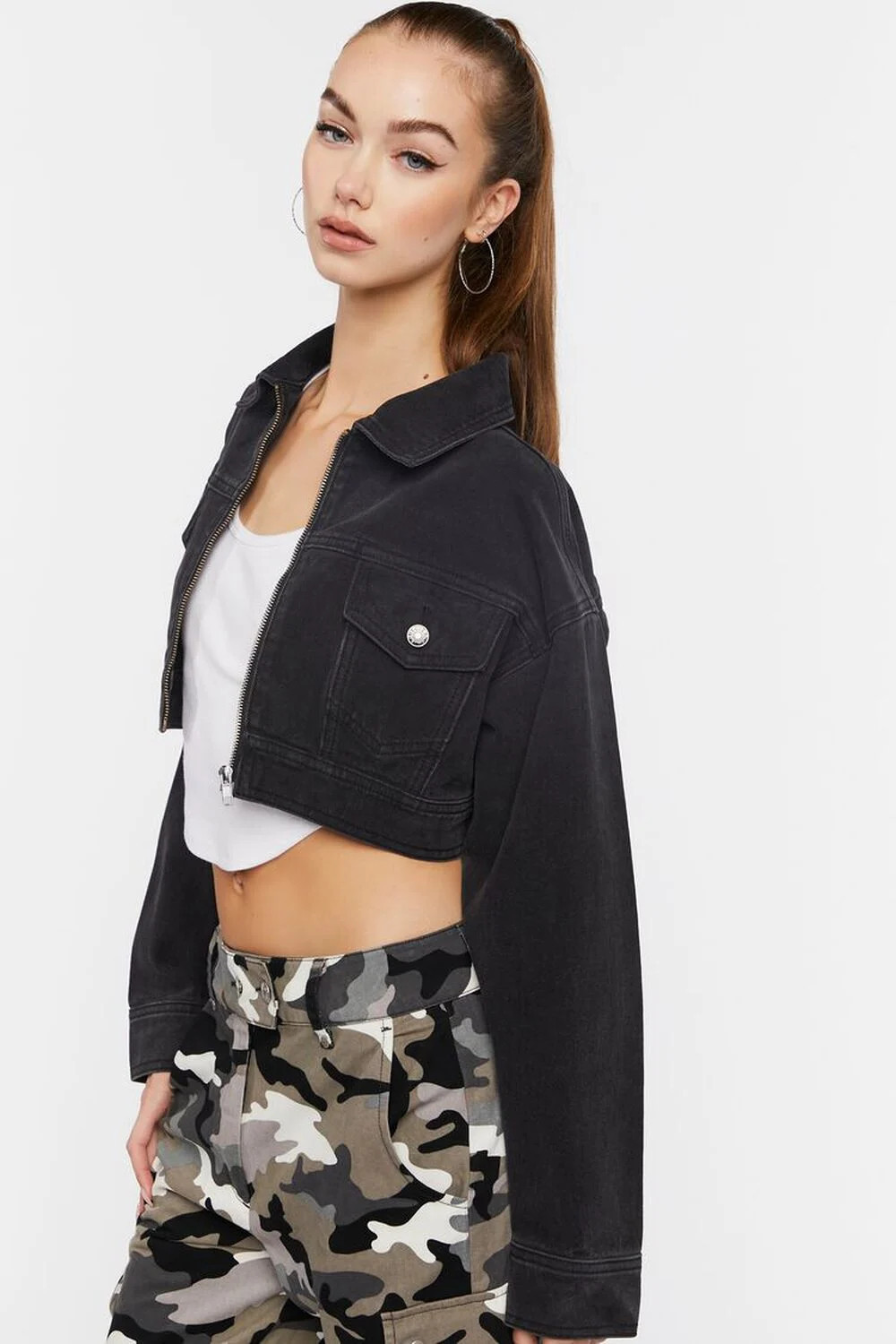 Cropped Denim Zip-Up Trucker Jacket | Forever 21 | Forever 21 (US)