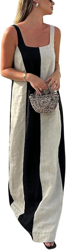 CHARTOU Women Summer Sleeveless Linen Dress Contrast Color Maxi Long Beach Vacation Tank Dress | Amazon (US)