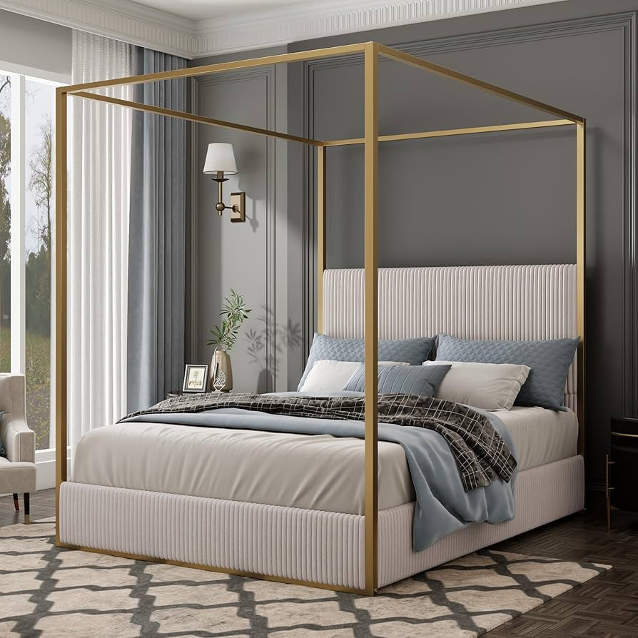 Four Poster Queen Bed Frame - Modern Metal Canopy Design with Tall Upholstered Headboard, Luxury ... | Amazon (US)