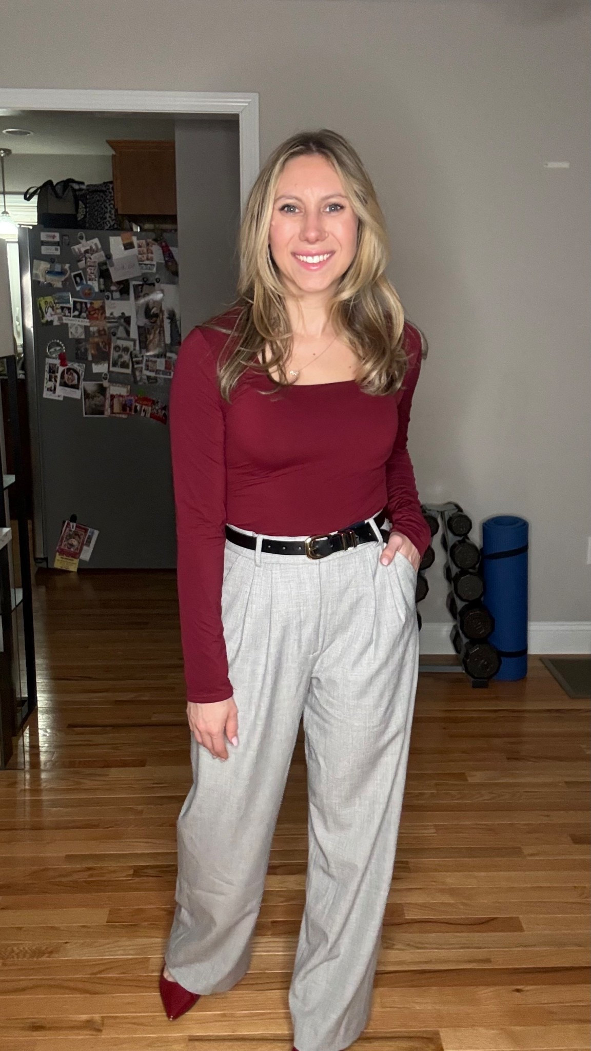 Grey trousers & burgundy color combo for the office! 

#LTKootd #LTKWorkwear #LTKgrwm