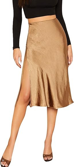 SheIn Women's Party Sexy Satin Split Side Basic Zipper Mid Waist Midi Skirt | Amazon (CA)