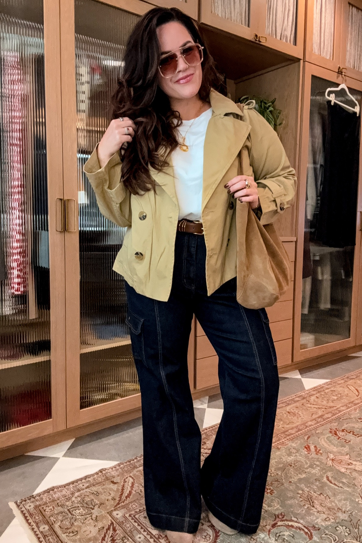 Walmart casual fall outfit 
Cropped trench coat xl 
Perfect white tee xl 
Belts xl 
Love these cargo jeans size 14 they have stretch. 
Suede boots! Such a great deal! 
@walmartfashion #walmartpartner

#LTKStyleTip #LTKMidsize #LTKFindsUnder50