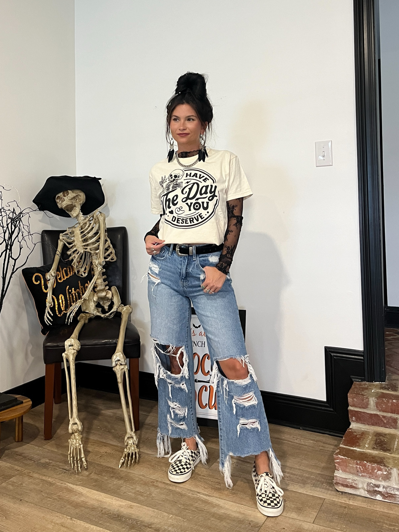 Distressed wide leg jeans paired with graphic and black lace top! LORI20 to save on graphic 

 

#LTKSeasonal #LTKStyleTip #LTKShoeCrush