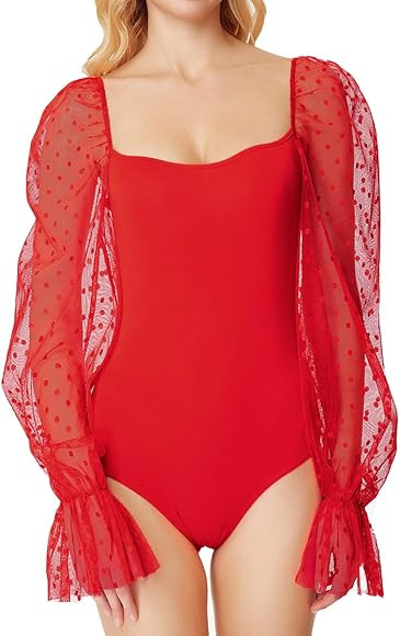WDIRARA Women's Polka Dots Sheer Dobby Mesh Square Neck Long Sleeve Skinny Bodysuit | Amazon (US)