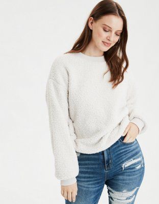 AE Sherpa Cropped Crew Neck Sweater | American Eagle Outfitters (US & CA)