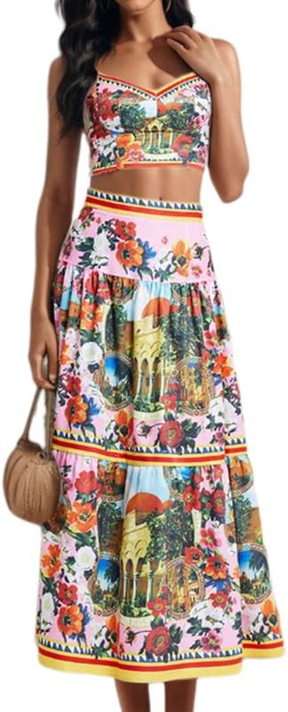 ksotutm Womens 2 Piece Skirt Sets Floral Summer Outfits Halter Tops High Wasit Maxi Skirt Sexy Lo... | Amazon (US)