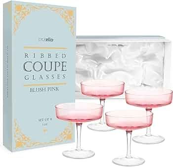 Crutello Champagne Coupe Glasses Set of 4, Pink 7oz Vintage Cocktail Glass, Ribbed Fluted Glasswa... | Amazon (US)