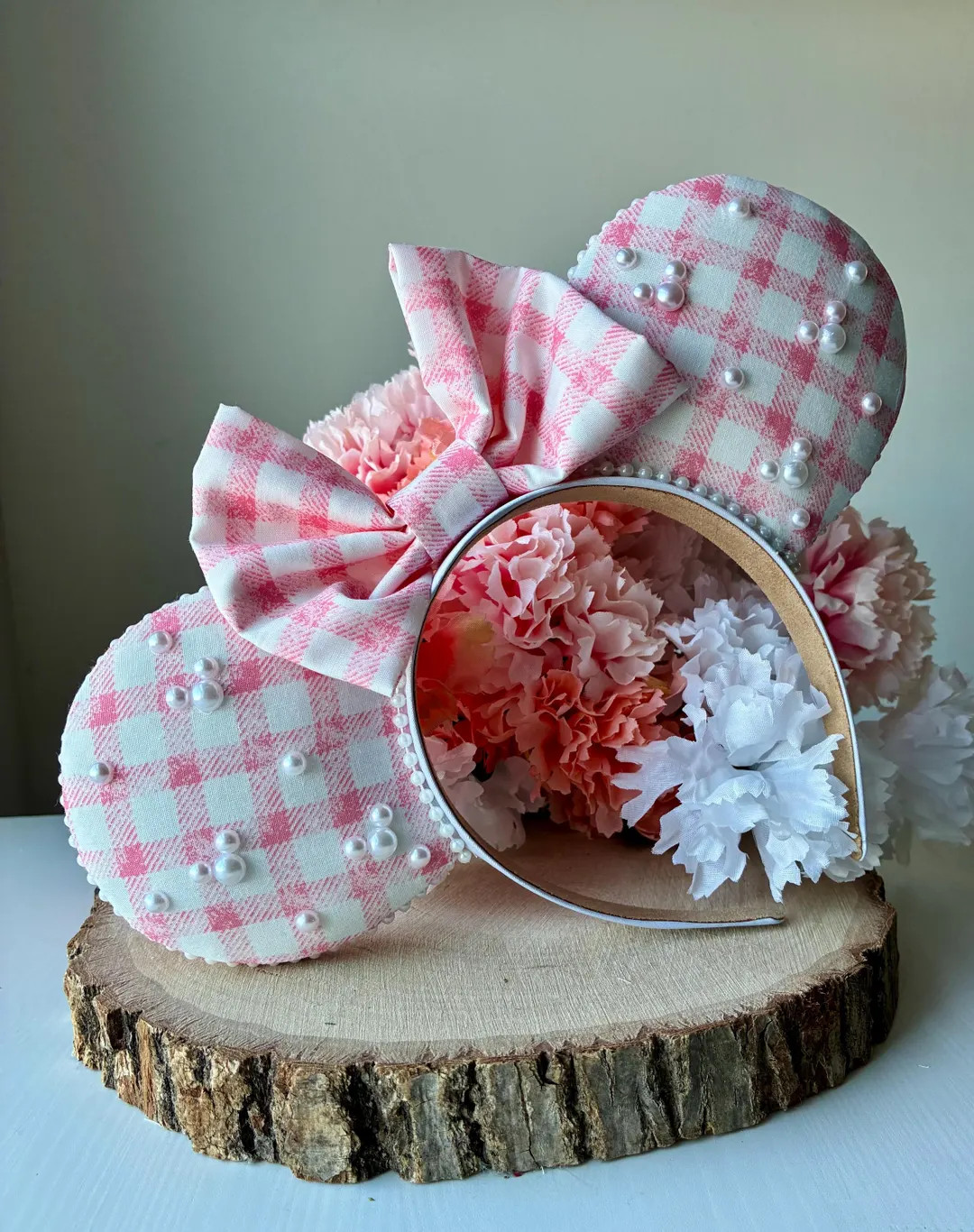 Pink Gingham Handmade Ears With Embellished Pearls - Etsy | Etsy (Global)