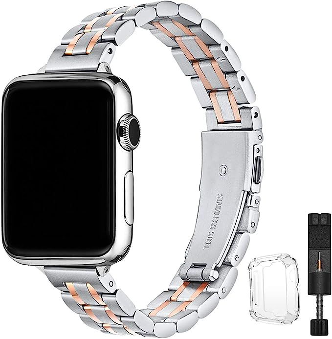 STIROLL Thin Replacement Band Compatible for Apple Watch 38mm 40mm 42mm 44mm, Stainless Steel Met... | Amazon (US)