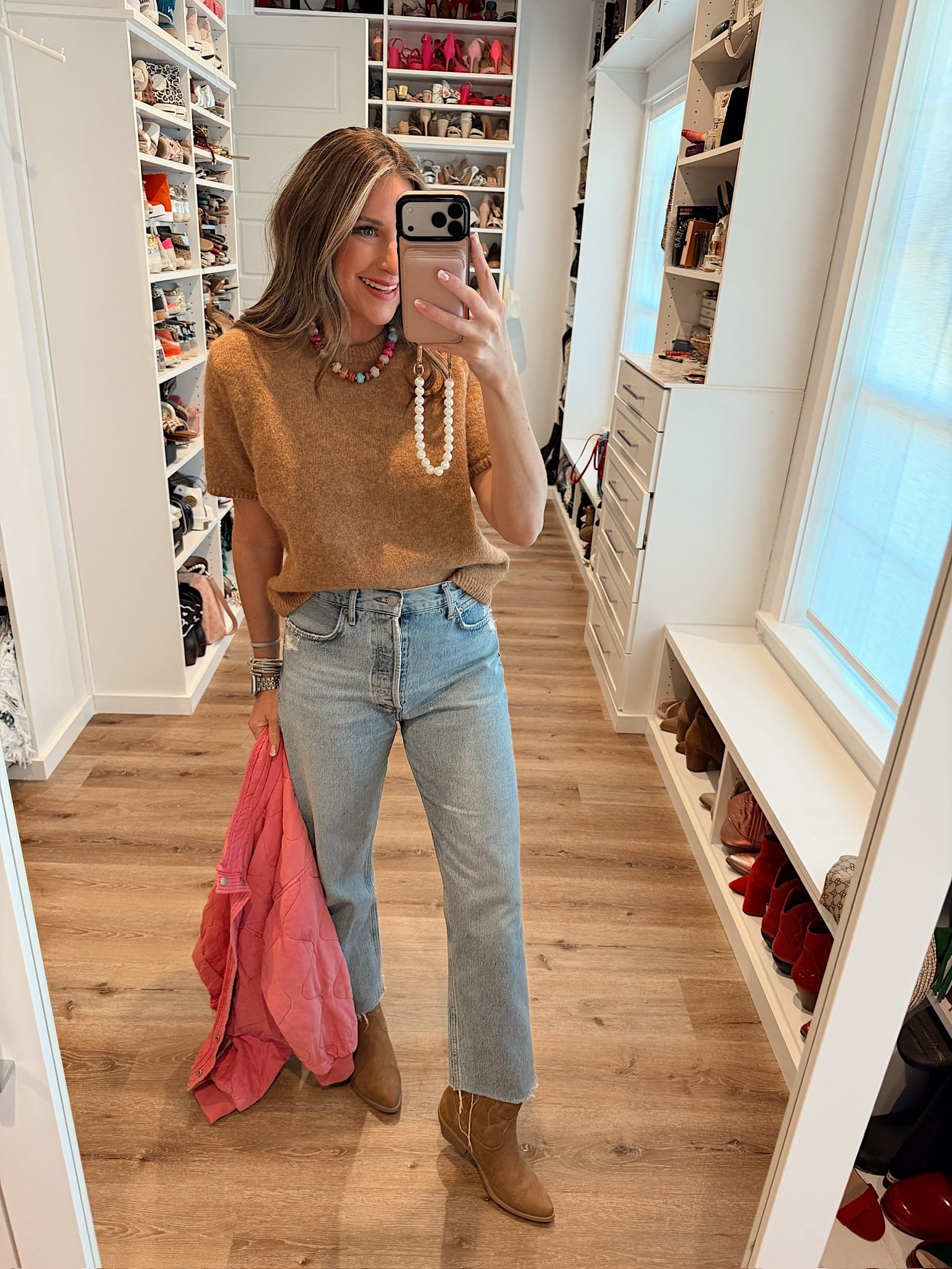 My new year ootd! Love adding a pop of color to my winter outfits! In a small sweater top, medium quilted jacket, size 6 jeans, necklace, boots and accessories - fits tts.

#LTKSeasonal #LTKFindsUnder50