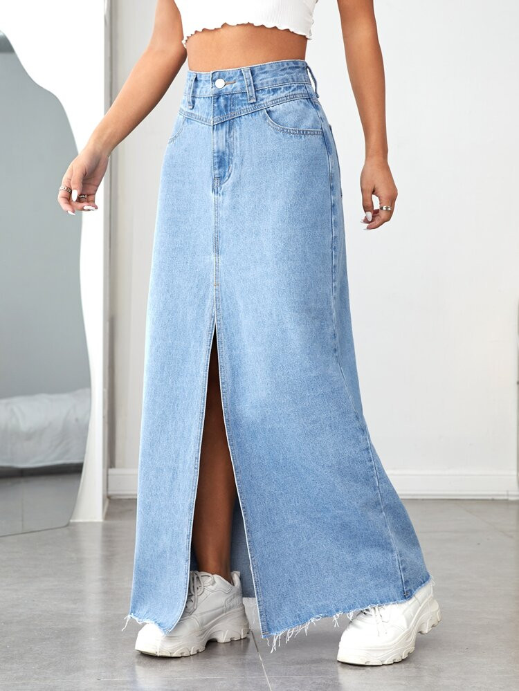 Raw Hem Split Thigh Denim Skirt | SHEIN