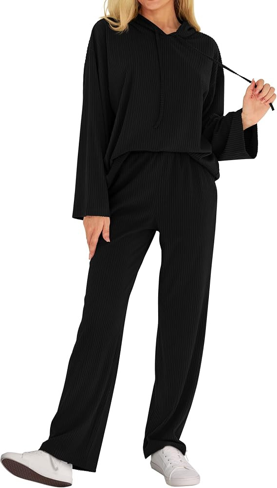 MASCOMODA Fall Two Piece Outfits for Women Ribbed Knit Lounge Set Long Sleeve Hoodie Pullover Top... | Amazon (US)