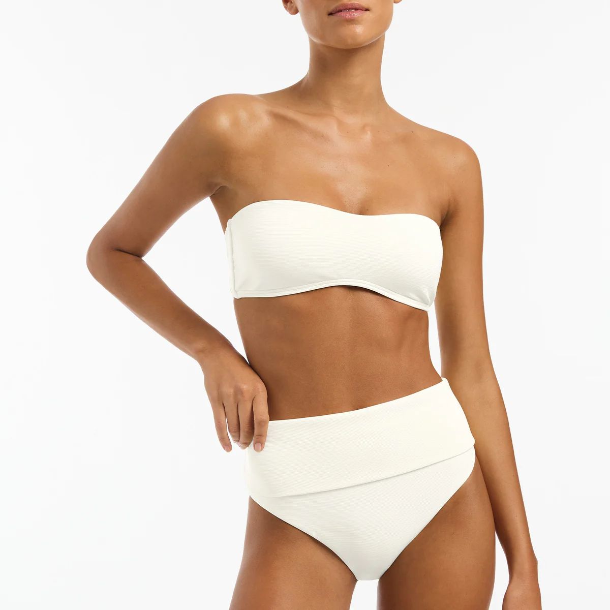 Isla Rib Fold Down High Waisted Bikini Bottom - Cream | JETS Australia