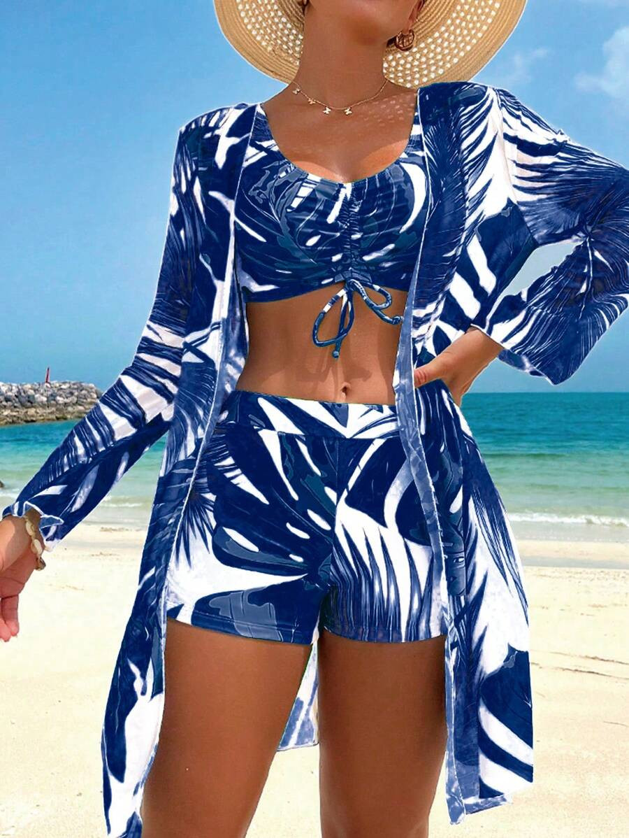 Swim Lushoire Women's Tropical Flora Print Drawstring Front Sexy Bikini Set With Robe Summer | SHEIN