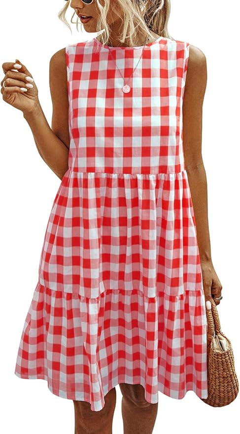 PRETTYGARDEN Women’s Casual Plaid Sleeveless Ruffle Sundress Round Neck A-Line Pleated Mini Sho... | Amazon (US)