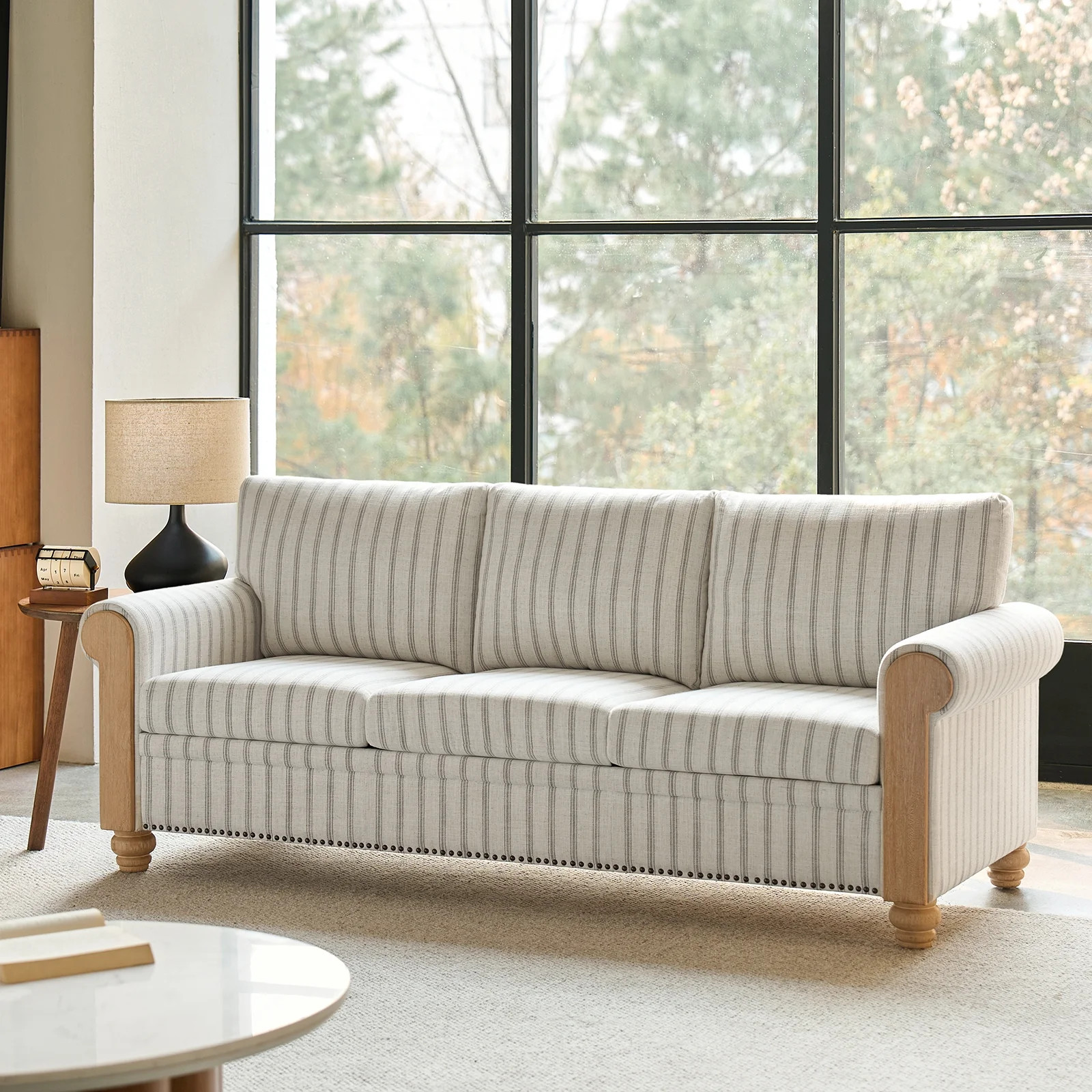 Tina's Home 81" Farmhouse 3-Seater Sofa with Rolled Arms, Upholstered Striped Linen Couch with So... | Walmart (US)