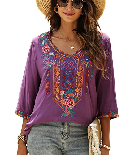 Higustar Boho Embroidered Tops for Women Mexican Style Peasant Blouses Traditional Bohemian Tunic Shirts Hippie Clothes Purple | Amazon (US)