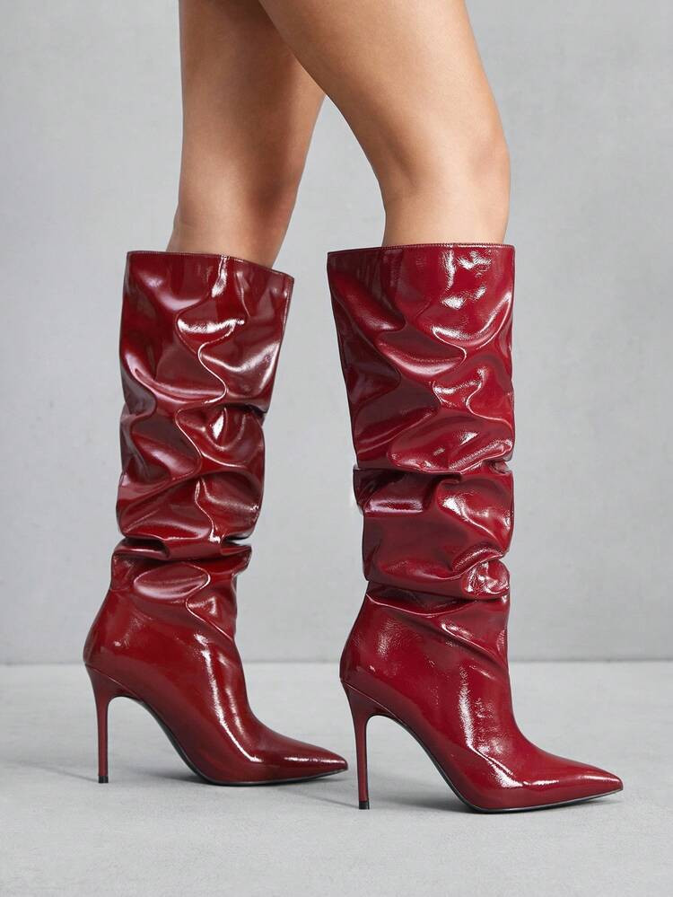 CUCCOO SZL Elegant Wine Red Patent Leather Tall Boots With Metal Buckle Strap, Slim High Heel | SHEIN