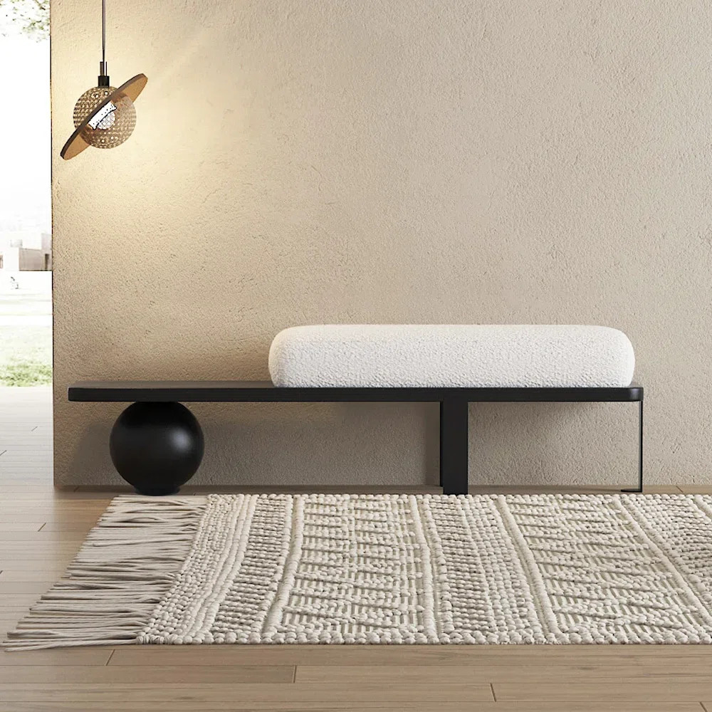 Entryway Bench,Modern Wooden Boucle Upholstered Bench with Abstract Metal Leg and Comfortable Lam... | Wayfair North America
