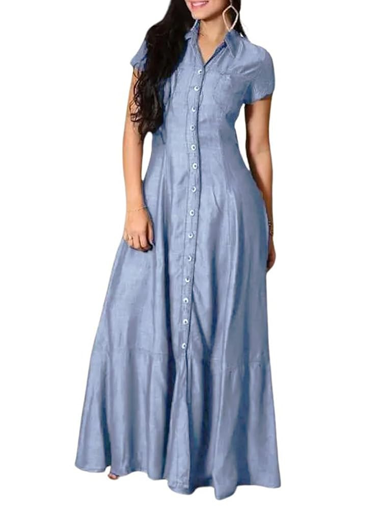 utcoco Womens Short Sleeve Denim Maxi Dress Casual Loose Fit Button Down Long Jean Dresses | Amazon (CA)