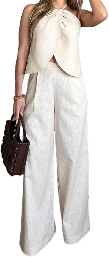 Women Summer Solid Sleeveless Suspender Irregular Pullover Top Loose Wide Legs Pants Sets | Amazon (US)