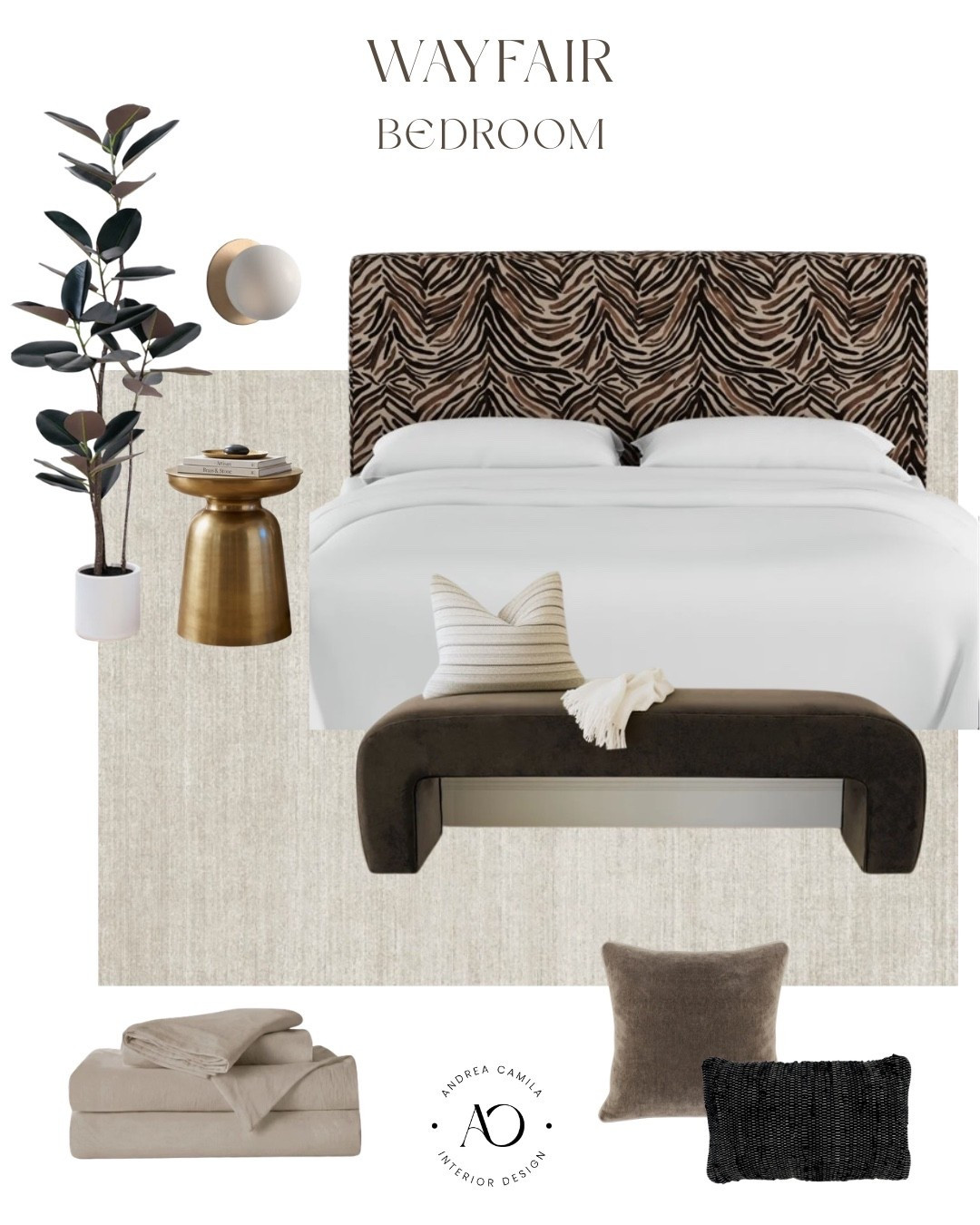 Affordable Wayfair bedroom. Faux tree oak plant with pot. Upholstered velvet bedroom bench. Vintage striped washable rug. Brown velvet pillow cover and insert. Decorative throw pillow. Black cotton pillow. Linen duvet cover set. Animal print upholstered headboard. Metal end table. Globe mounted sconces light.

#LTKHome #LTKSaleAlert
