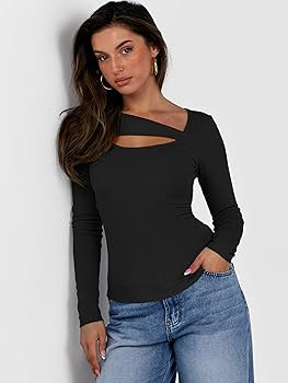 ANRABESS Womens Cutout Tops Trendy Sexy Long Sleeve Shirts Ribbed Slim Fit Tee 2025 Fall Fashion ... | Amazon (US)