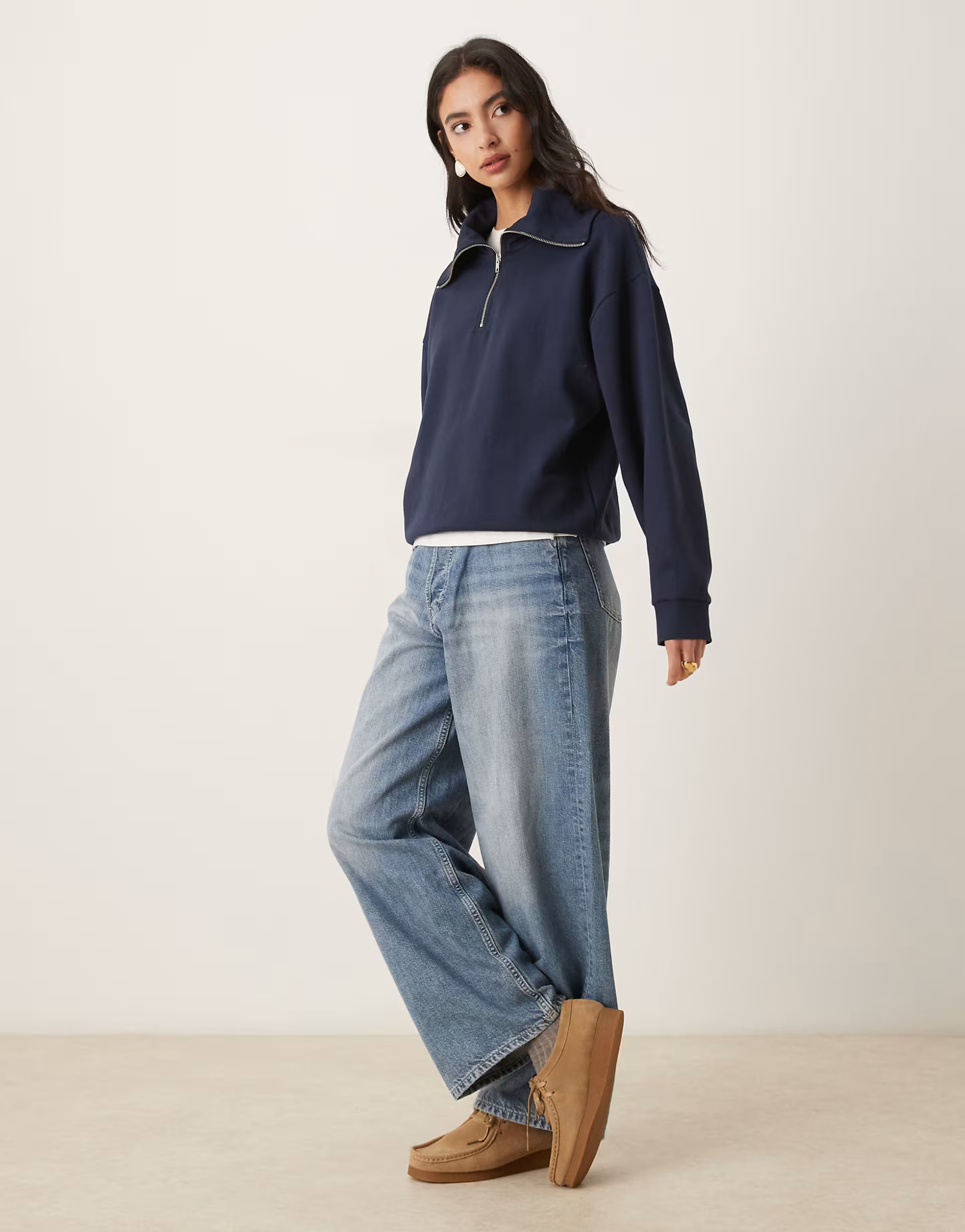 ASOS DESIGN interlock half zip sweatshirt with large collar detail in navy | ASOS (Global)