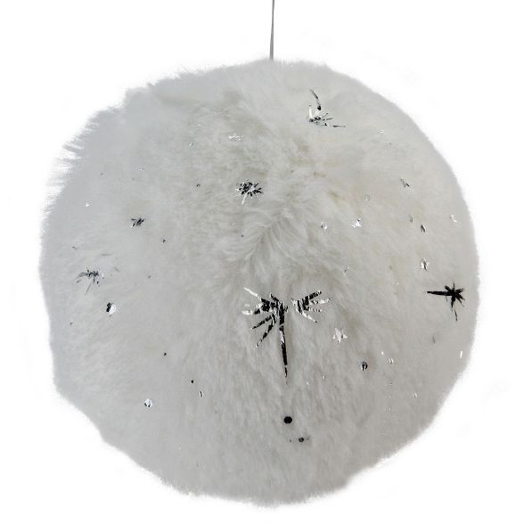 Northlight 4" Faux Fur and Shiny Stars Plush Ball Christmas Ornament - White/Silver | Target