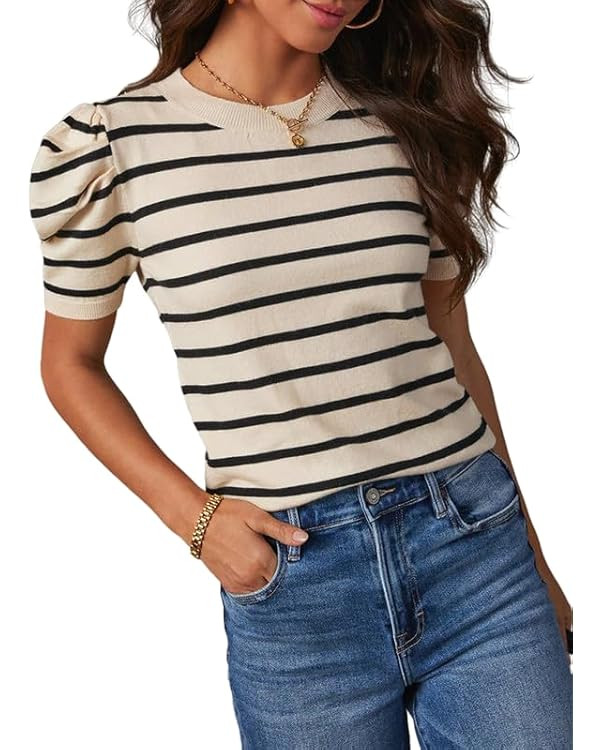Dokotoo Women's Short Puff Sleeve Knit Tops 2024 Trendy Crewneck Striped T Shirts Casual Summer B... | Amazon (US)